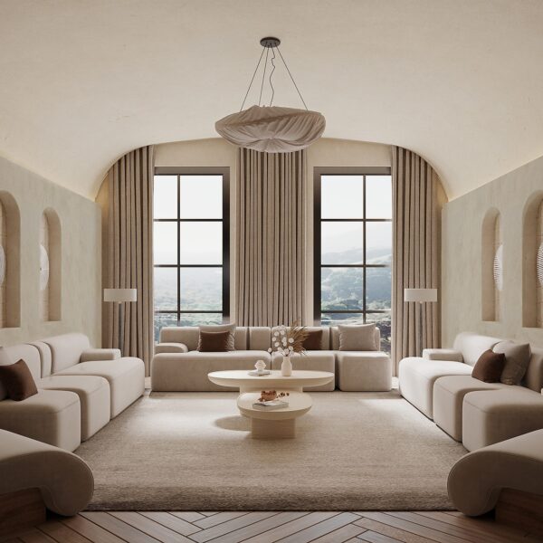 Arched living room with natural clay plaster walls