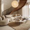 Living room with a curved staircase and Travertine Monocolor walls
